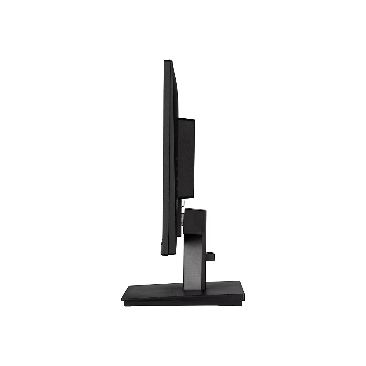Seitliche Ansicht eines schwarzen Computermonitors auf einem Standfuß vor weißem Hintergrund.