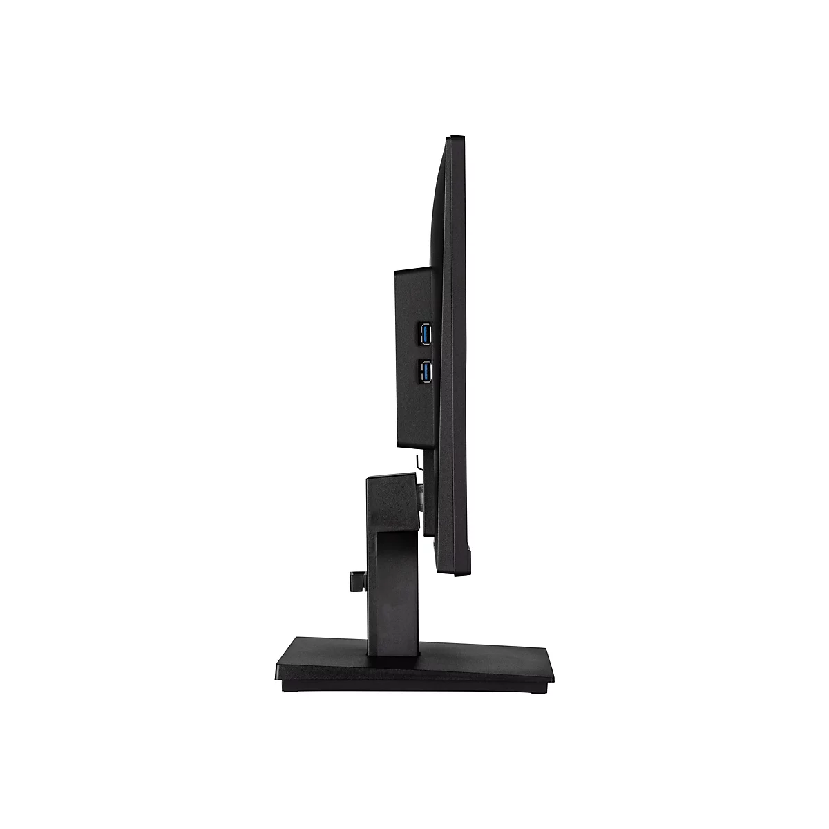 Seitenansicht eines schwarzen Monitors mit Standfuß. Zwei USB-Anschlüsse sind zu sehen.