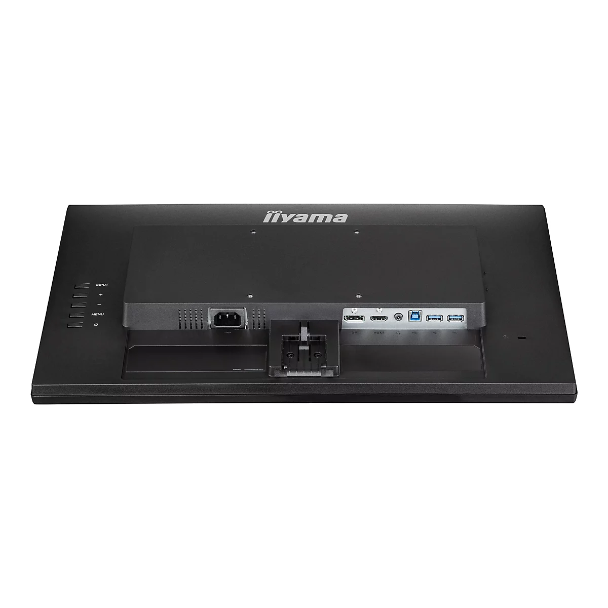 Rückseite eines schwarzen iiyama-Monitors mit Anschlüssen für Strom, HDMI, USB und anderen Peripheriegeräten.
