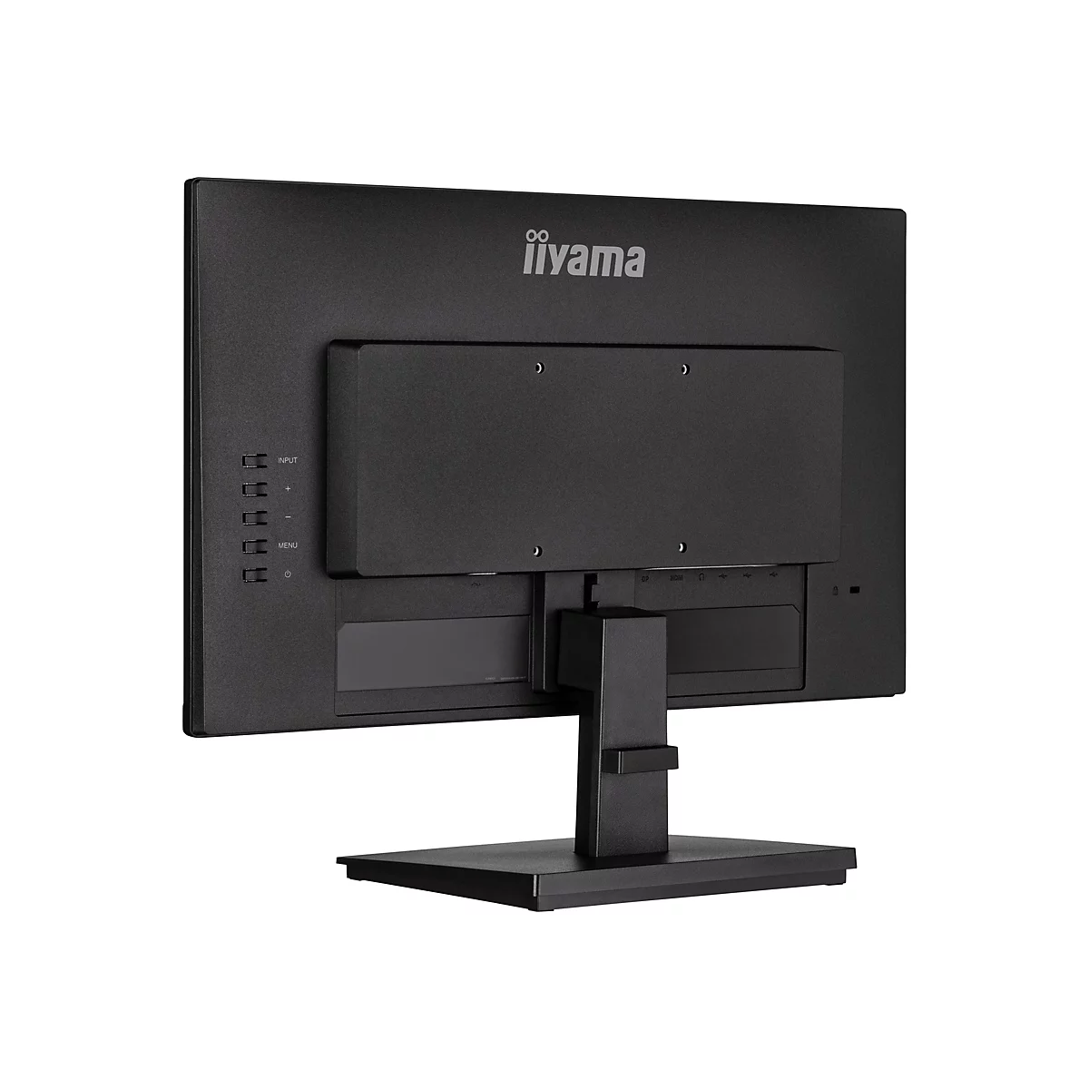 Rückseite eines schwarzen iiyama-Monitors. Es gibt Anschlüsse, Knöpfe, einen Standfuß und das Logo.