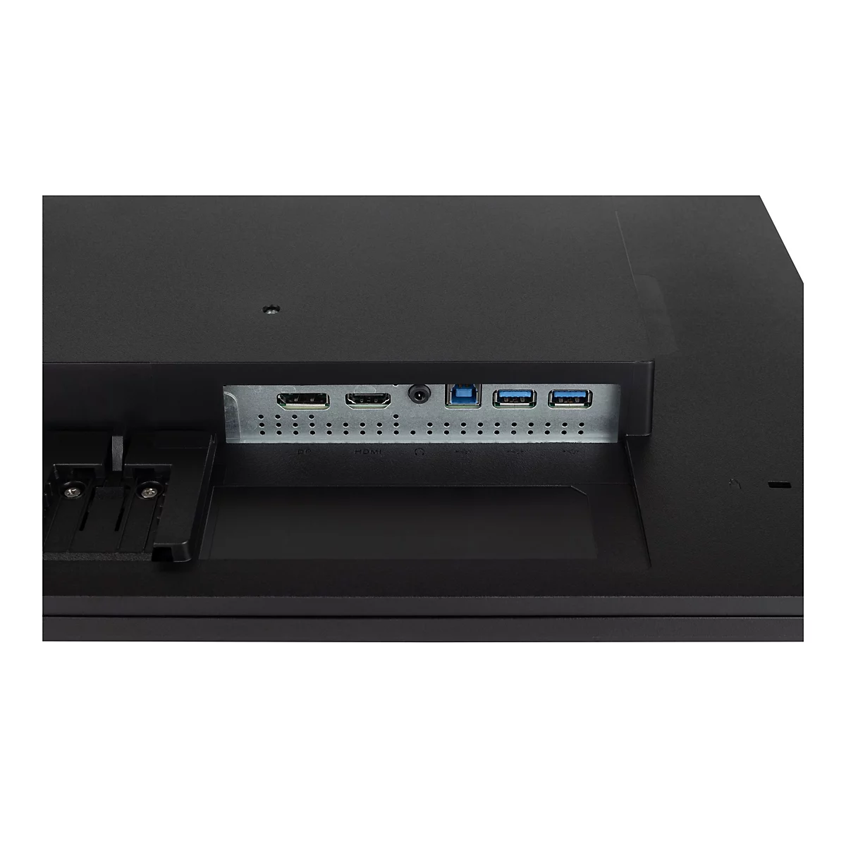 Nahaufnahme der Rückseite eines schwarzen Monitors mit Anschlüssen, darunter DP, HDMI und USB.