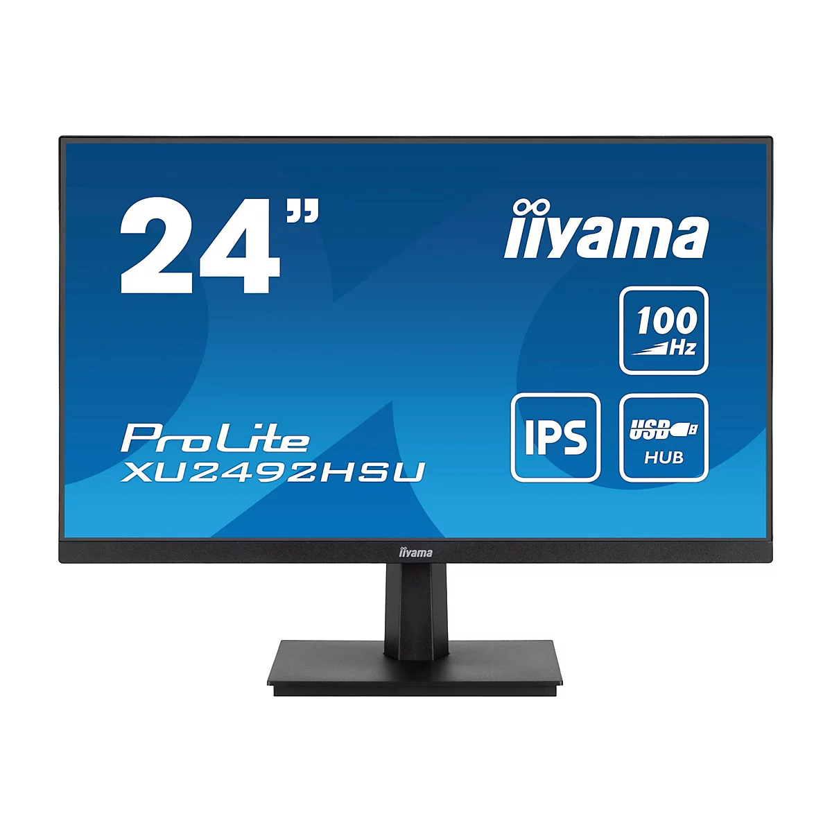 Ein schwarzer iiyama ProLite Monitor, 24 Zoll, mit der Aufschrift „24 Zoll“, „100Hz“, „IPS“ und „USB HUB“.