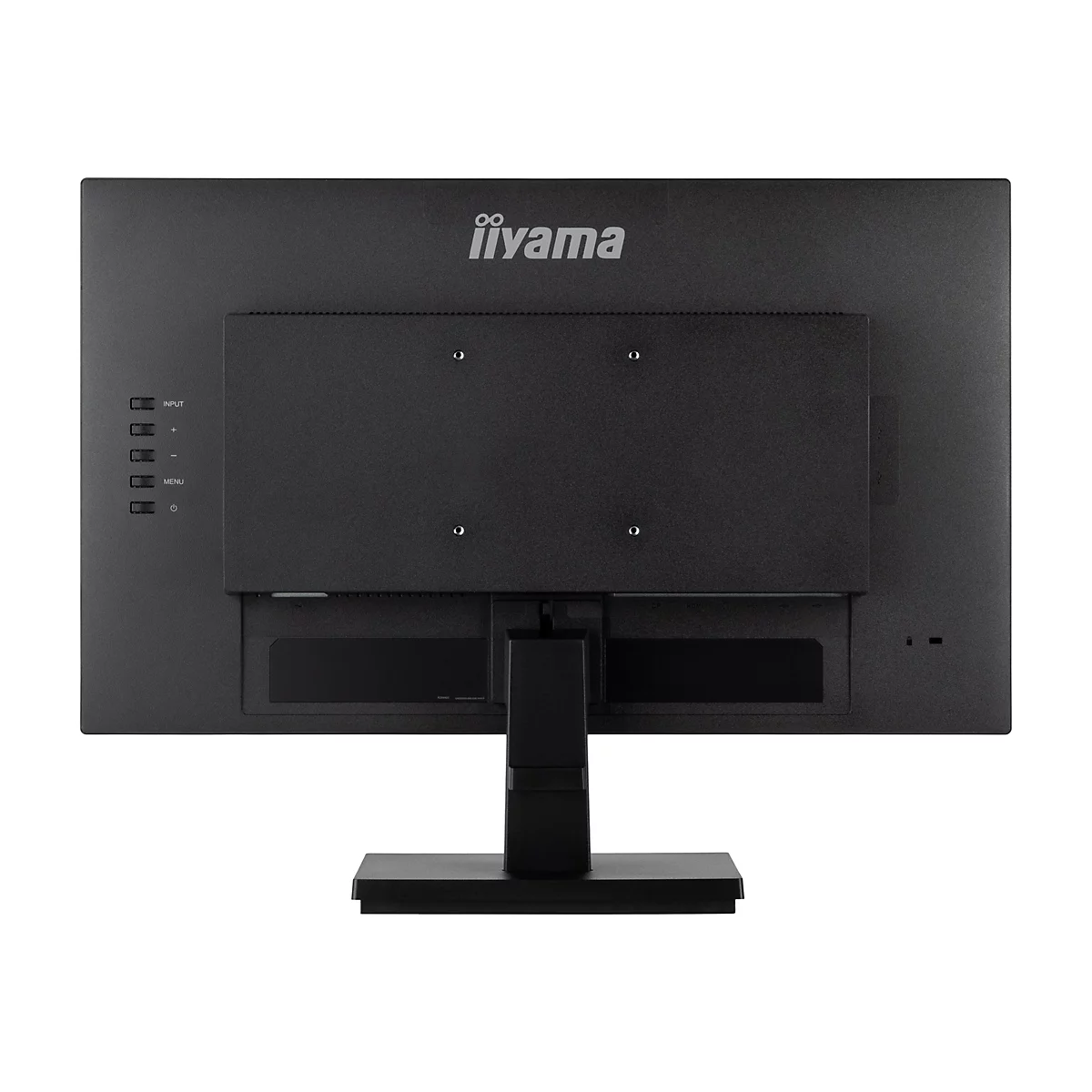 Rückseite eines schwarzen Iiyama-Monitors mit Bedienknöpfen, dem Firmenlogo und den Anschlussmöglichkeiten.