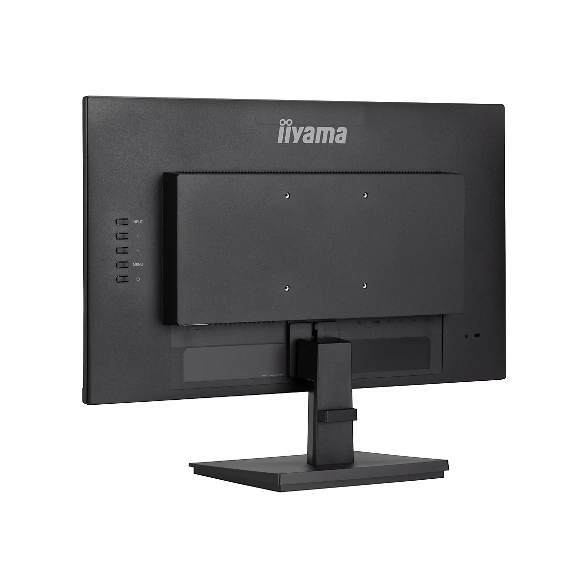 Ein schwarzer Monitor, Rückseite, mit Bedienelementen, Anschlüssen und Firmenlogo iiYama.