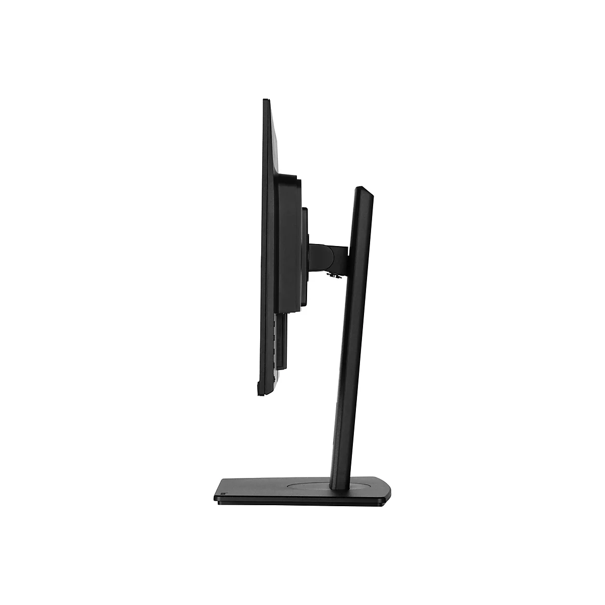Schwarzer Monitor im Profil, mit Standfuß. Schwarze, minimalistische Formgebung vor weißem Hintergrund.