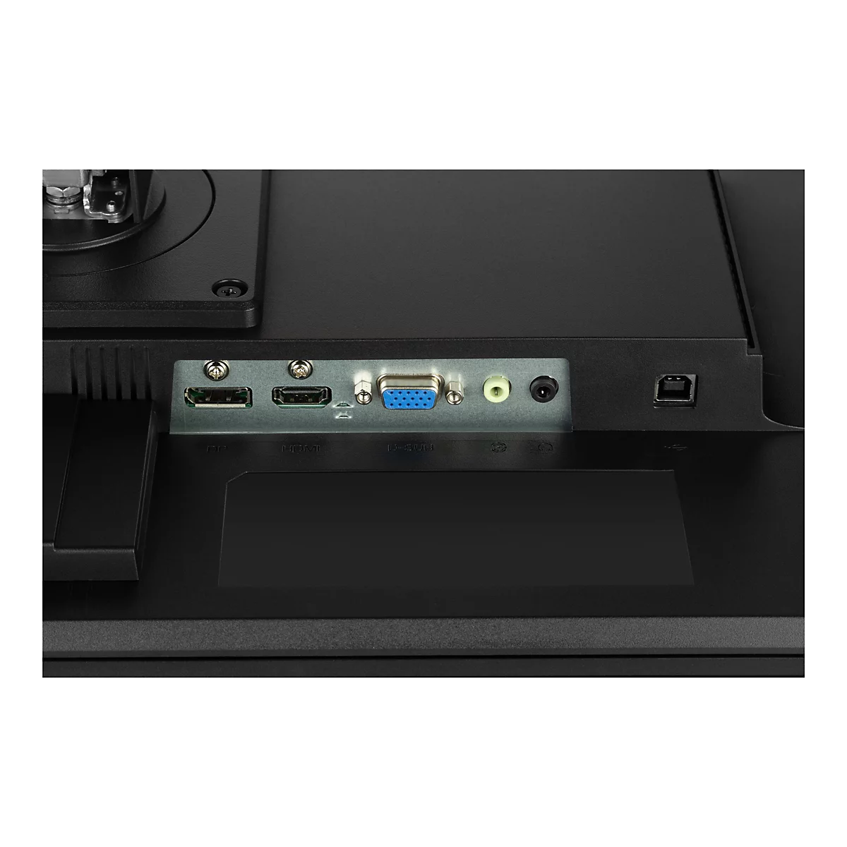 Nahaufnahme der Rückseite eines schwarzen Monitors. Ports für USB, HDMI, VGA, Audio und Strom sind sichtbar. Das Gehäuse ist strukturiert.