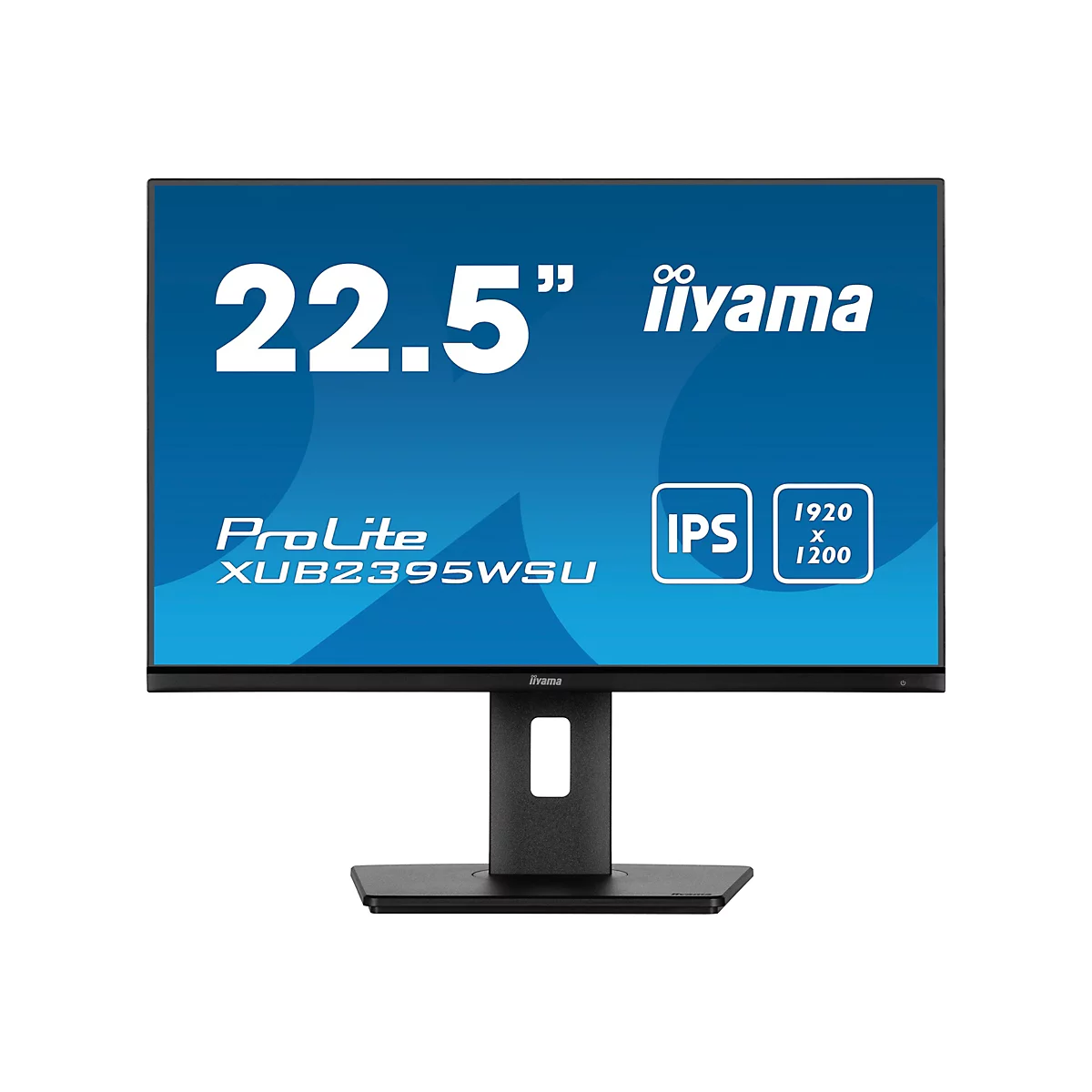 Ein schwarzer iiyama Monitor mit blauem Bildschirm, der Produktinformationen zeigt. Auf dem Bildschirm stehen die Größenangabe 22,5", die Marke iiyama, ProLite, Modellbezeichnung und technische Merkmale.