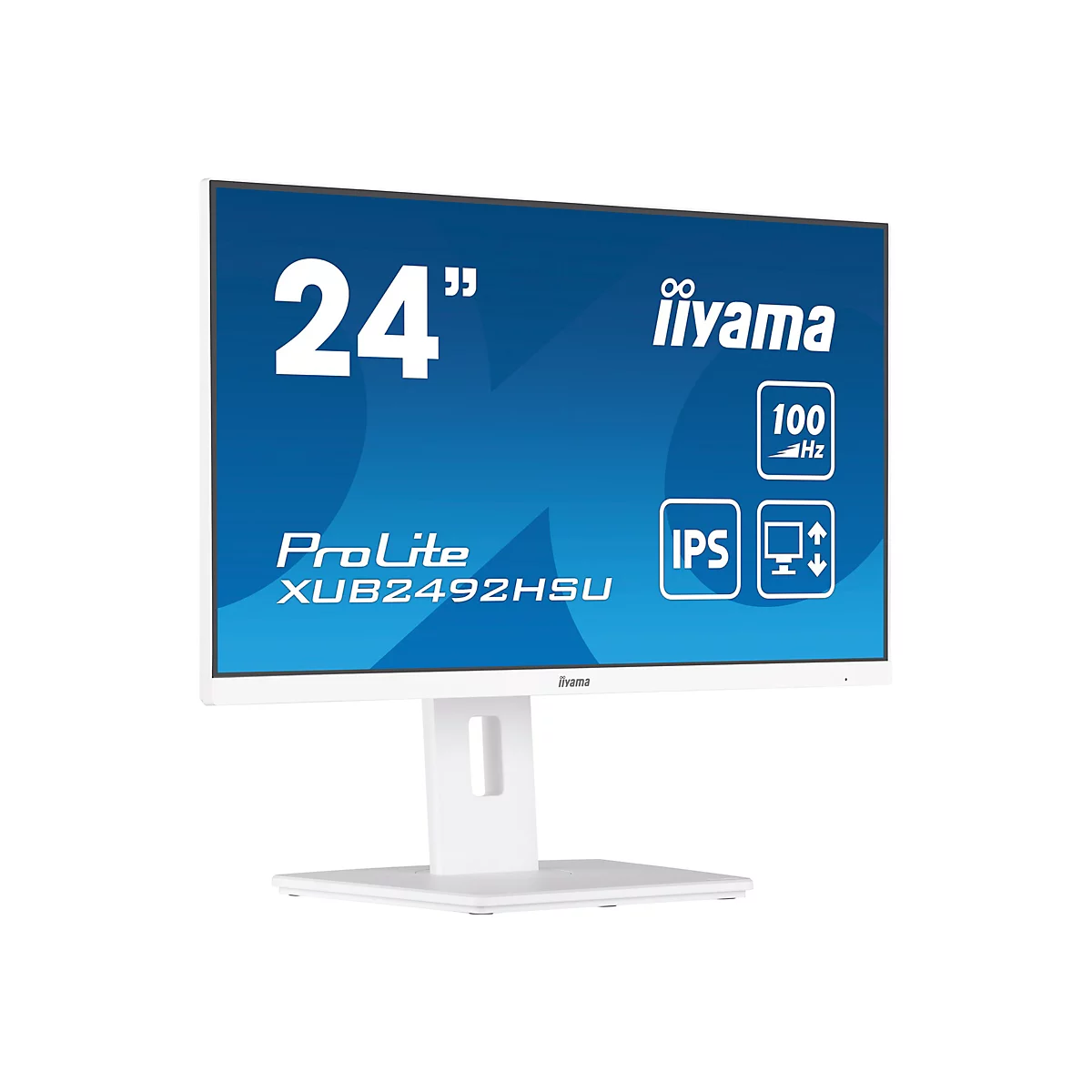 Weißer Iiyama-Monitor. Auf dem blauen Bildschirm stehen die Schriftzüge 24", iiyama, ProLite, XUB2492HSU, 100 Hz, IPS und ein Pfeil-Symbol.