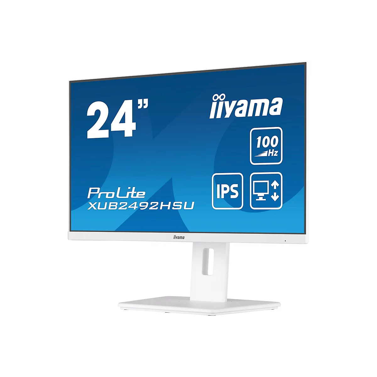 Weißer iiyama 24 Zoll Monitor ProLite XUB2492HSU mit 100Hz IPS-Panel auf einem weißen Standfuß vor weißem Hintergrund.
