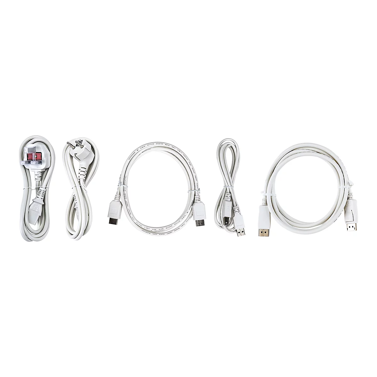 Fünf verschiedene weiße Kabel für Strom und Datenübertragung, nebeneinander auf weißem Hintergrund angeordnet.