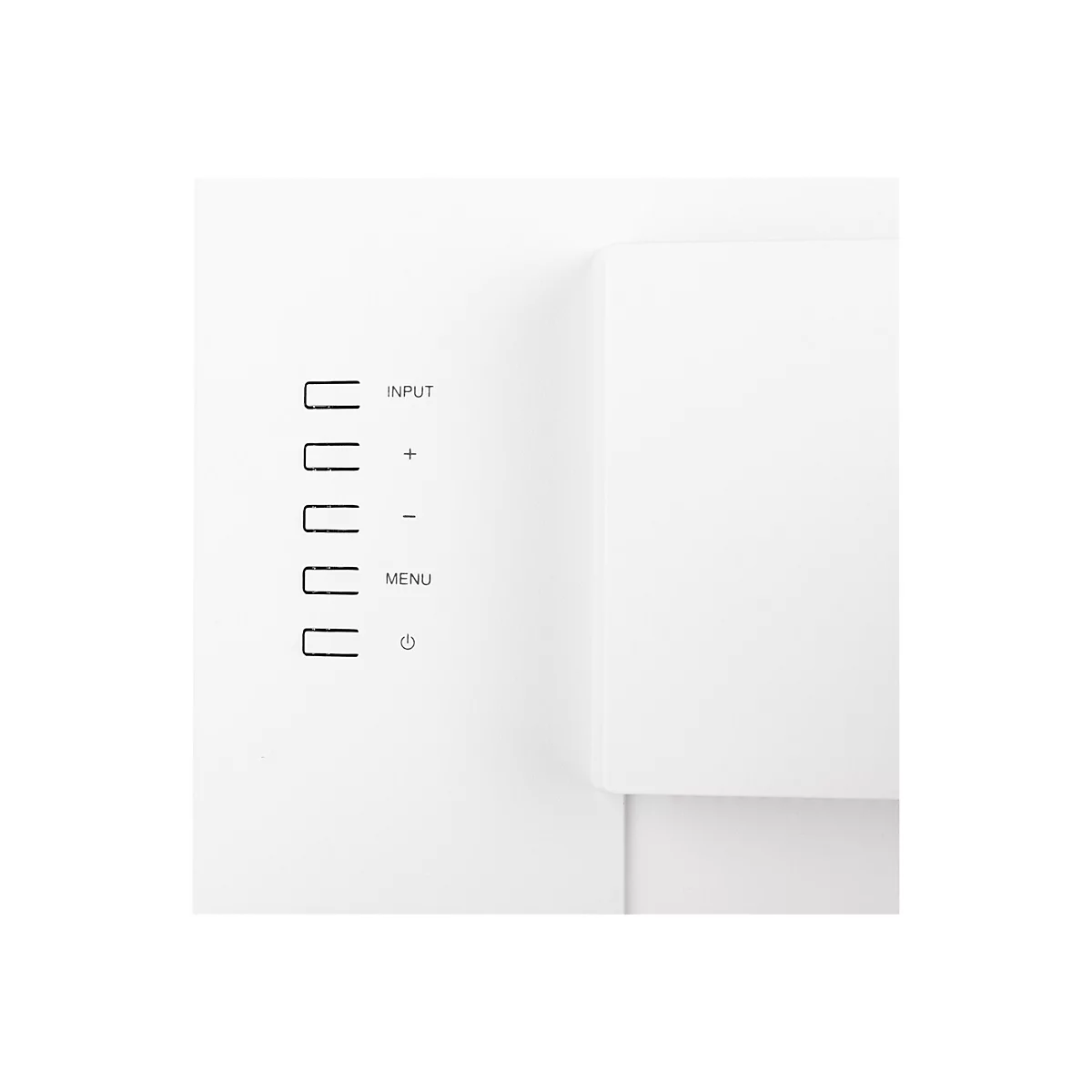 Nahaufnahme einer weißen Monitorseite mit Bedienelementen, darunter Input, Plus, Minus, Menü und ein Ein-/Ausschalter-Symbol.