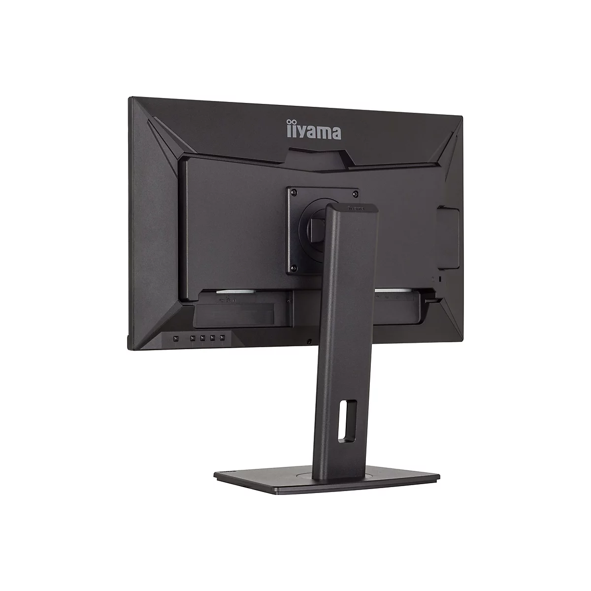 Rückansicht eines schwarzen iiyama-Monitors mit Standfuß. Das Firmenlogo ist oben mittig zu sehen. Unten befinden sich Anschlüsse.