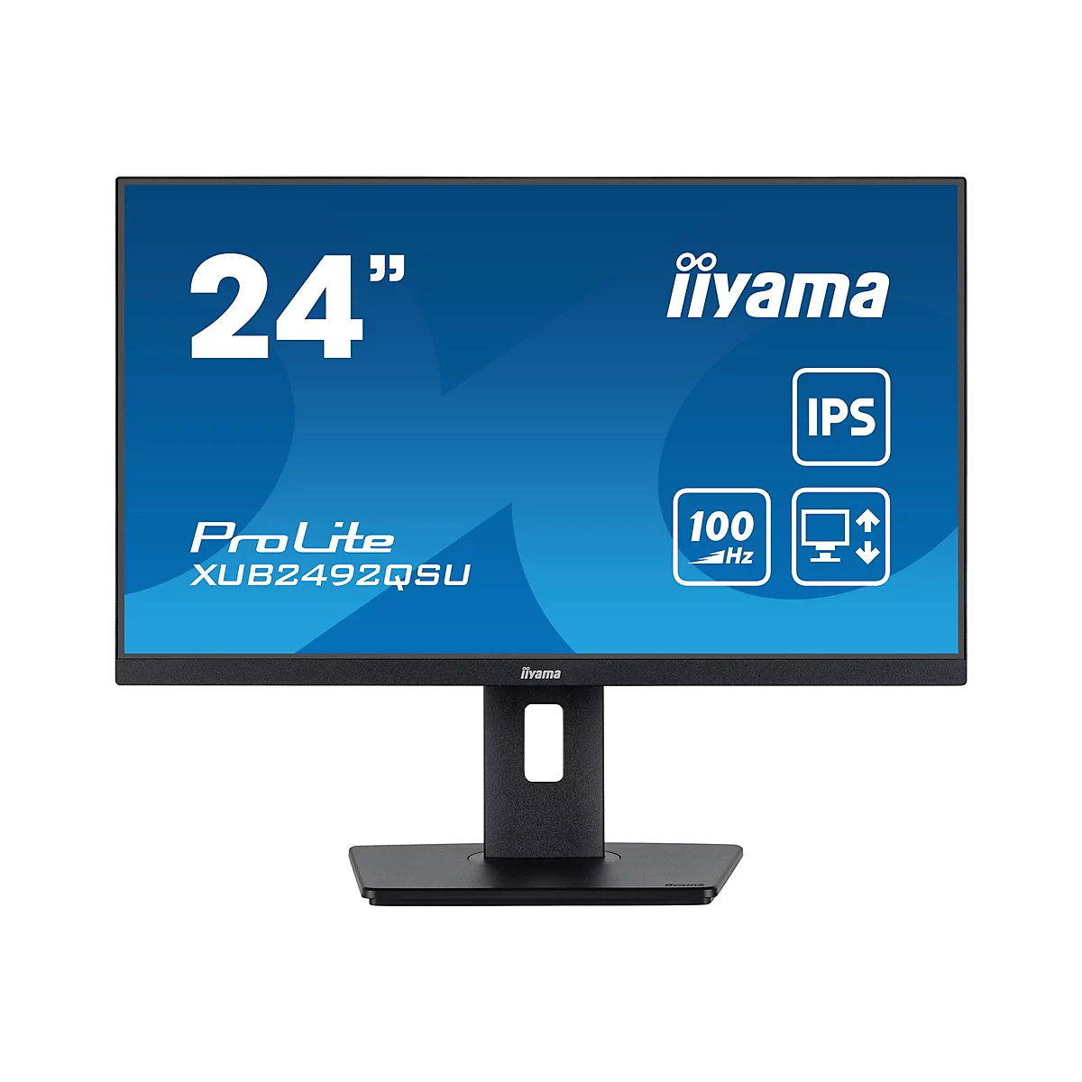 Ein schwarzer iiyama Monitor mit blauem Hintergrund. Auf dem Bildschirm stehen die Größenangabe 24", der Markenname iiyama und weitere technische Spezifikationen.