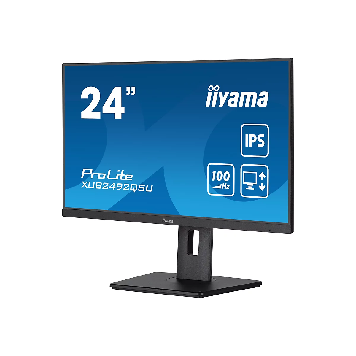 Ein schwarzer Monitor, der auf einem Tisch steht. Auf dem Bildschirm steht 24", iiyama, IPS, 100 Hz und ProLite XUB2492QSU.