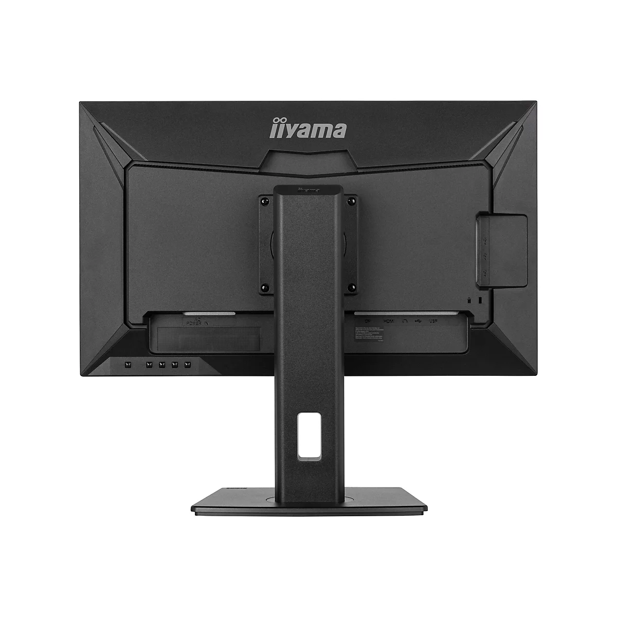 Rückansicht eines schwarzen iiyama-Monitors, der auf einem weißen Hintergrund steht. Der Bildschirm zeigt Anschlüsse und Knöpfe.