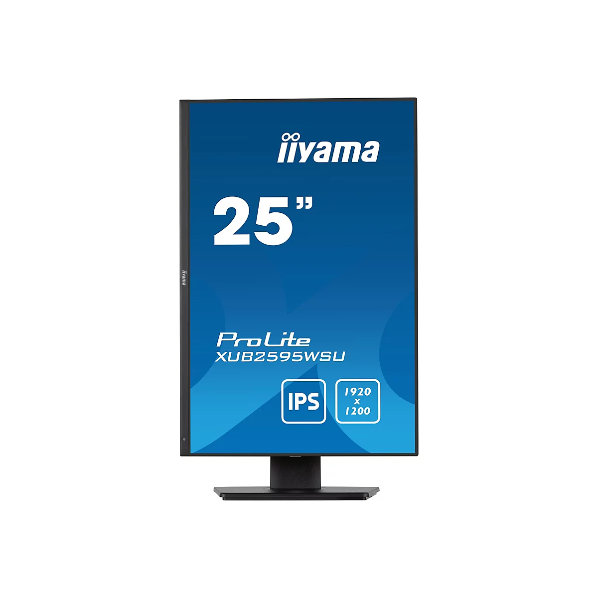 Ein 25-Zoll-Monitor der Marke iiyama, ProLite XUB2595WSU, mit weißer Schrift auf blauem Hintergrund. Der Monitor steht auf einem schwarzen Fuß.