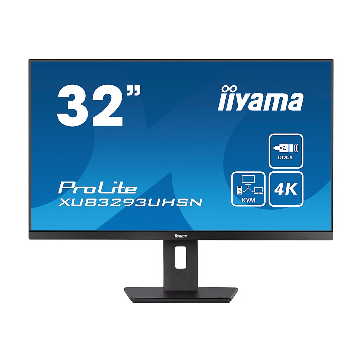 Ein 32-Zoll-Monitor der Marke iiyama, ProLite-Modell XUB3293UHSN. Blaue Anzeige mit Logos und Anschlüssen.