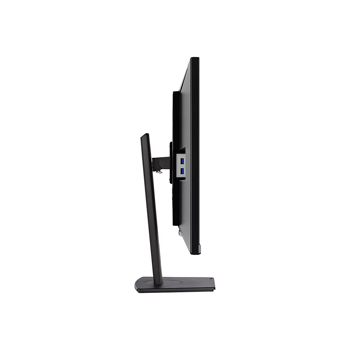 Seitenansicht eines schwarzen Monitors mit Standfuß. Zwei USB-Anschlüsse sind zu sehen.