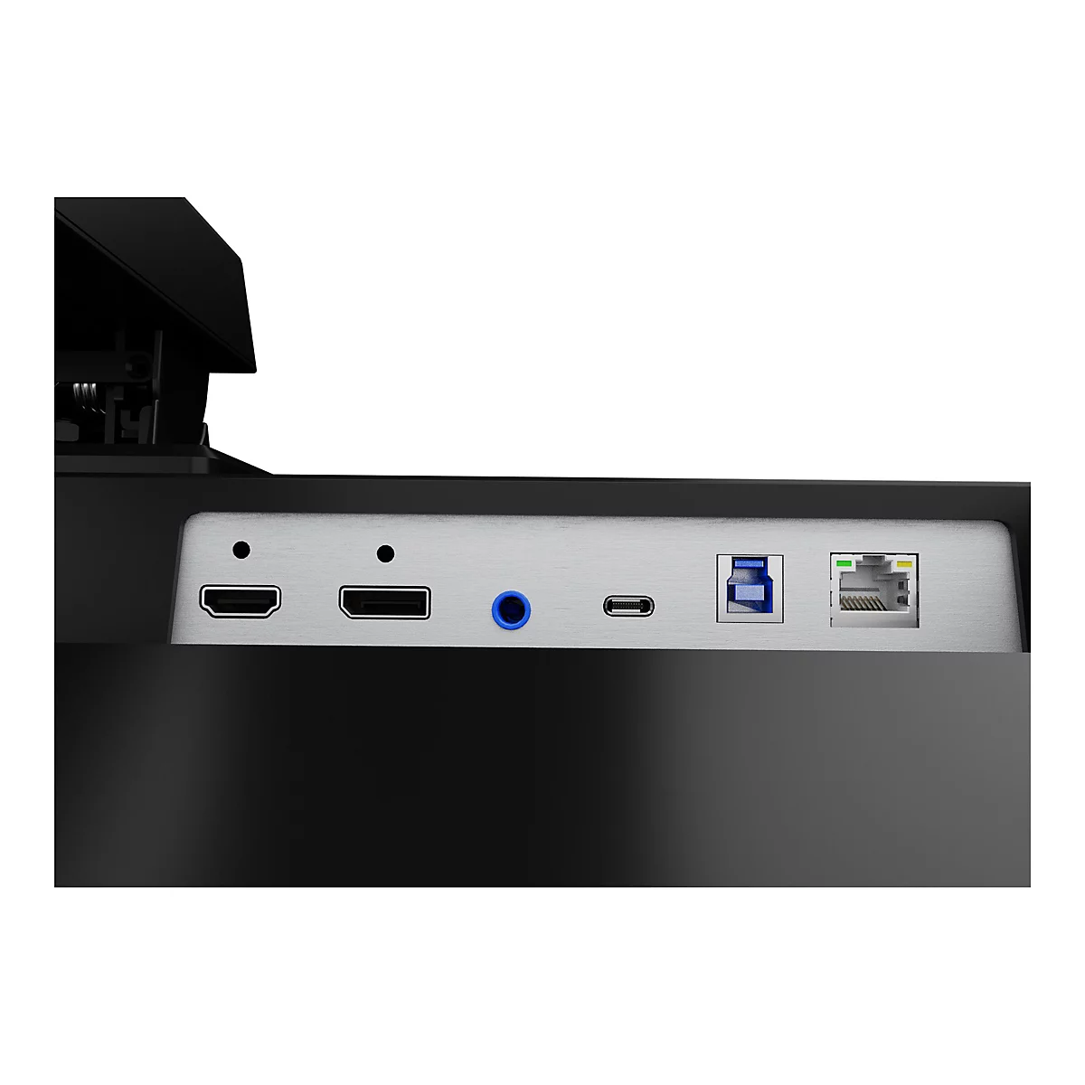 Nahaufnahme einer schwarzen Geräteunterseite mit Anschlüssen, darunter HDMI, USB, Audio, Ethernet.