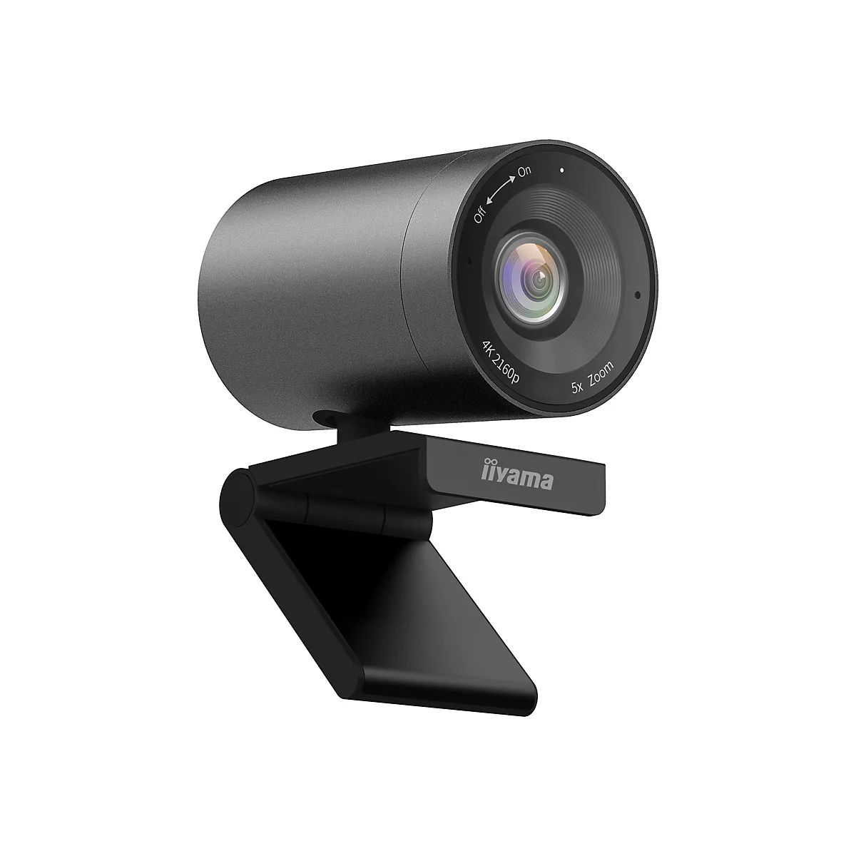 Schwarze Webcam mit Objektiv und Halterung. Auf dem Objektiv stehen 4K 2160p und 5x Zoom, daneben die Marke Iiyama.