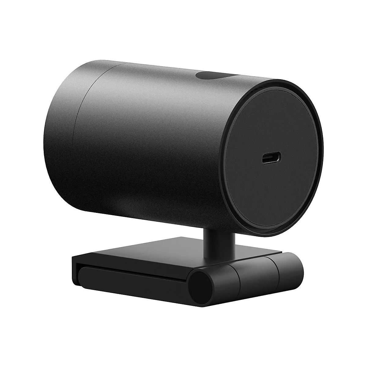 Schwarze Webcam, zylindrische Form. Mit StandfuÃŸ, USB-C Anschluss.