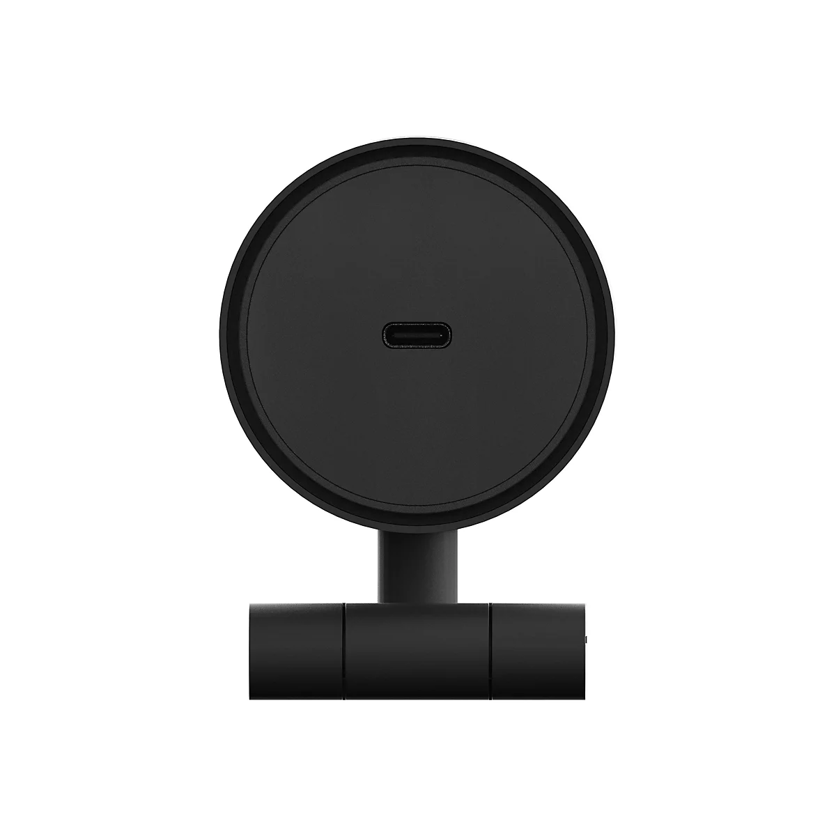 Schwarze Kamera mit rundem Objektiv, USB-C-Anschluss und Halterung.