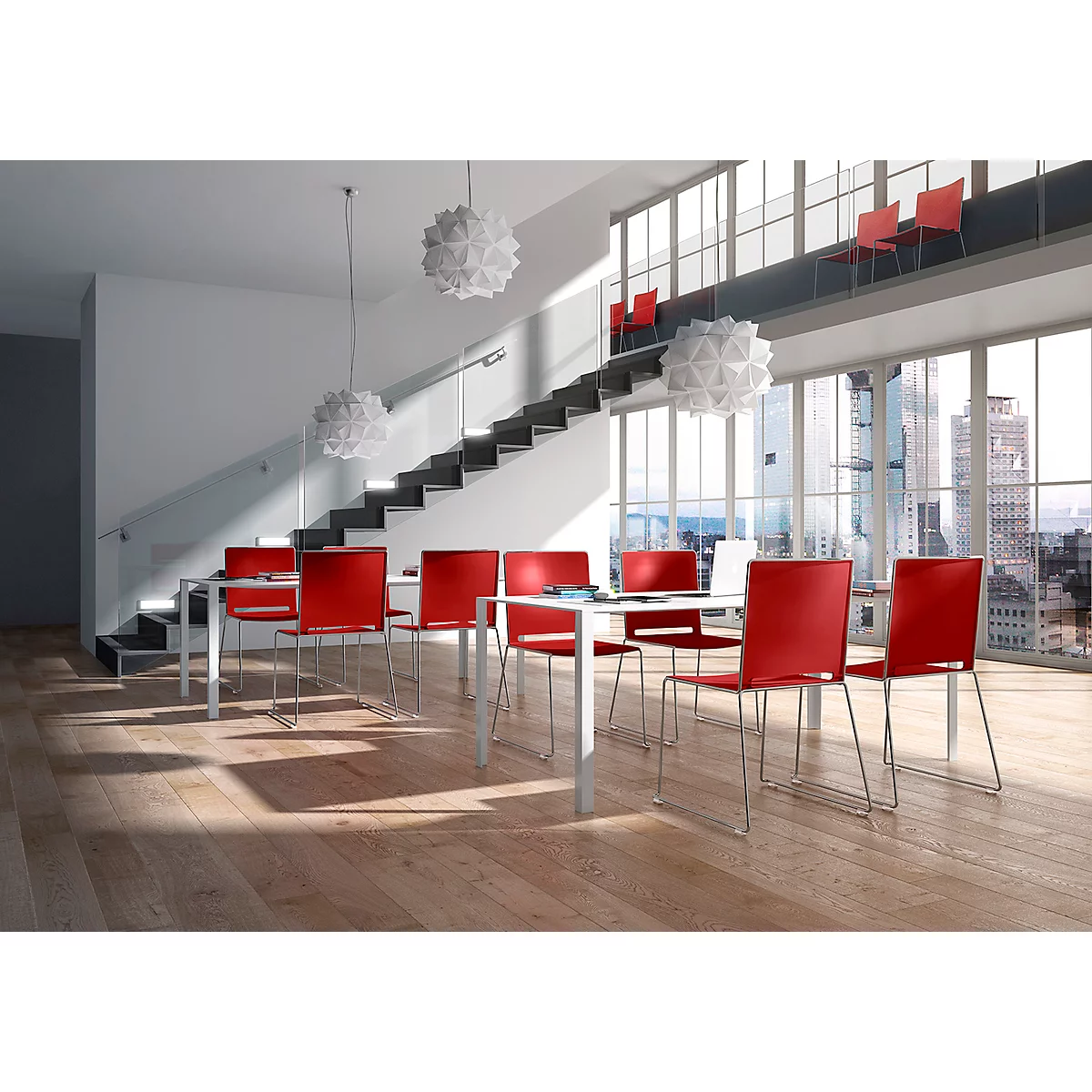 Dining room with wood floor. Red chairs and white tables are in front of a window with city view. Pendant lamps illuminate the room.