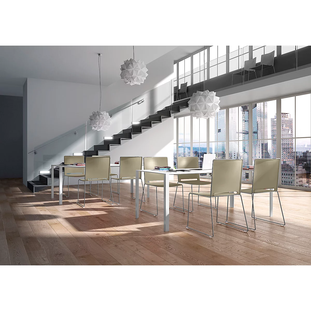 Bright room with table, chairs, and stairs. Cityscape through large windows. Ceiling lamps and parquet floor.