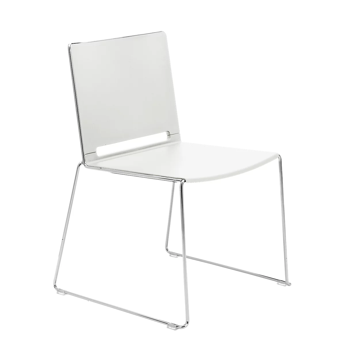 White chair with a simple design. Seat and backrest are made of light plastic. The frame is made of chrome-plated metal.