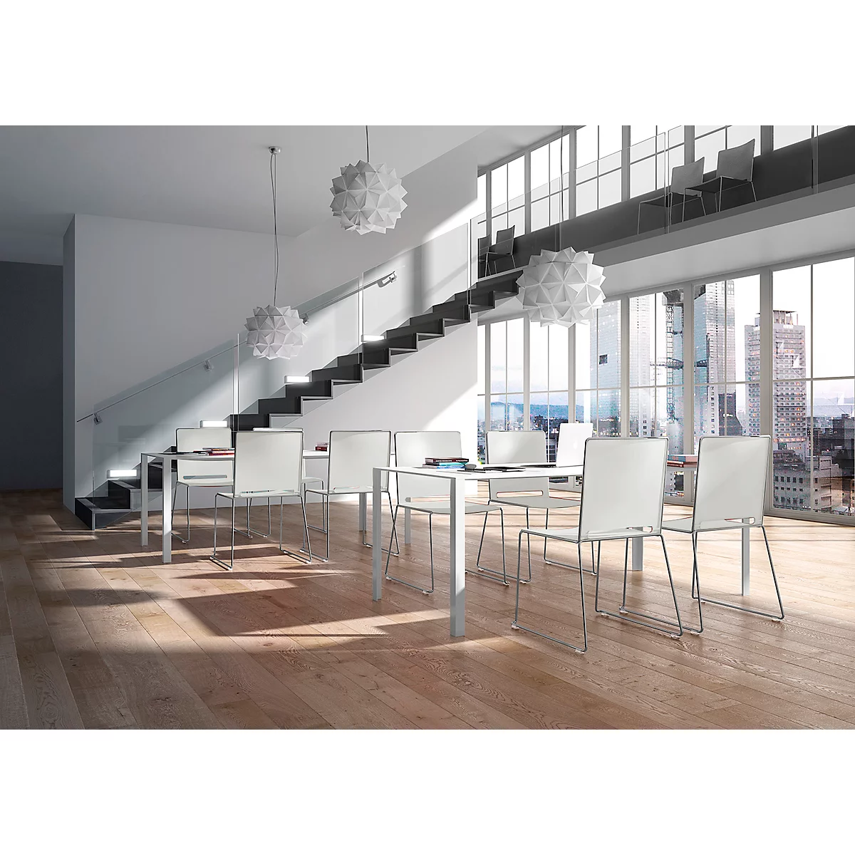 Modern dining area with light wood floor, white furniture, large windows, and hanging lamps.