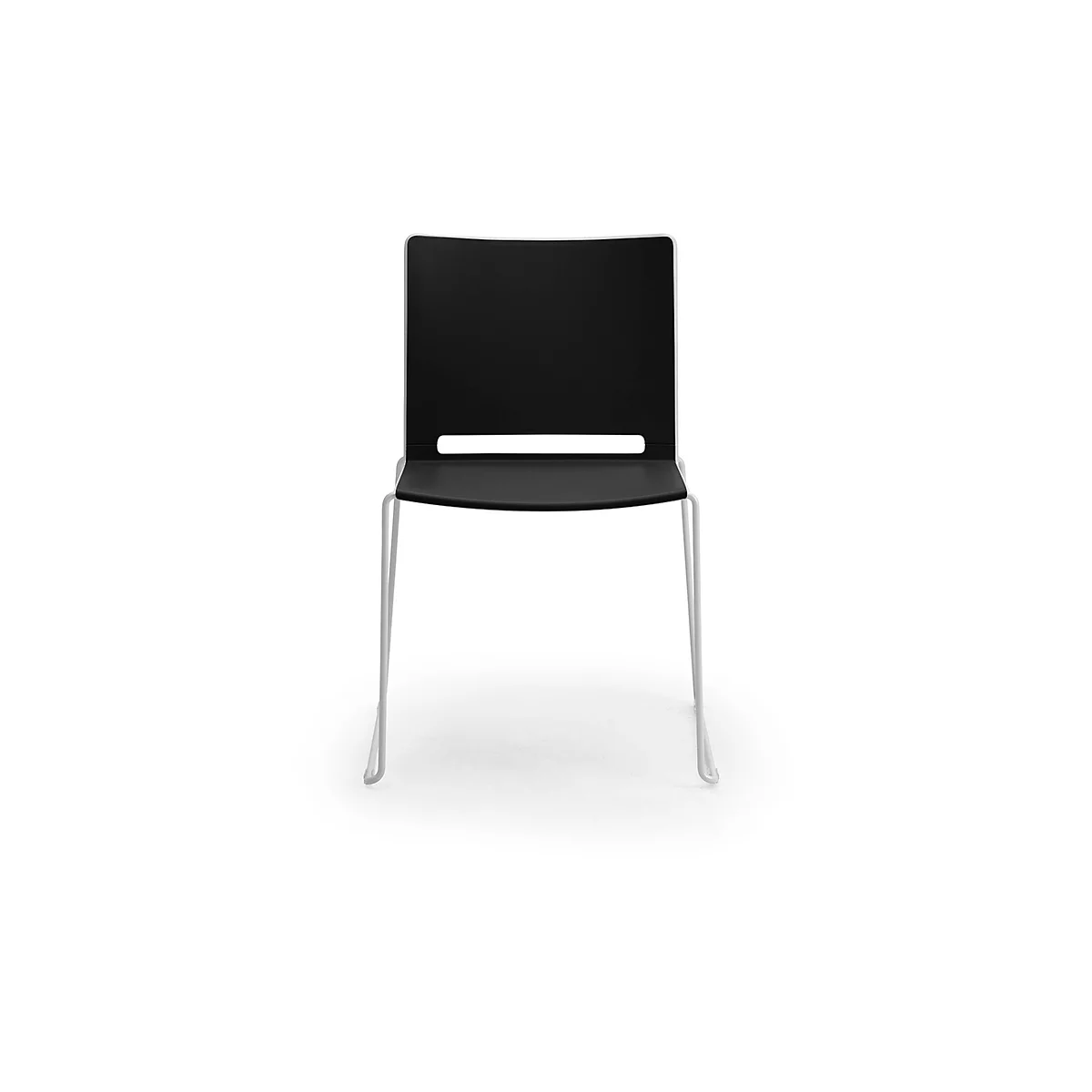 Black chair with white frame, with horizontal slot in the backrest.