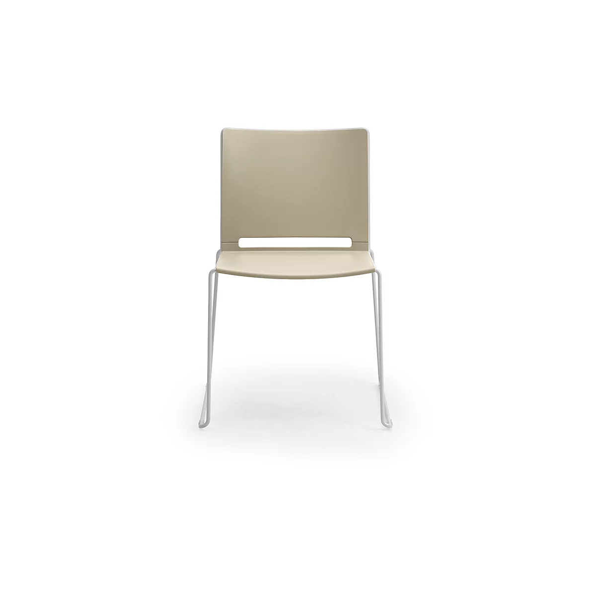 Chair with cream-colored seat and back, light metal frame. The backrest has a horizontal hole.
