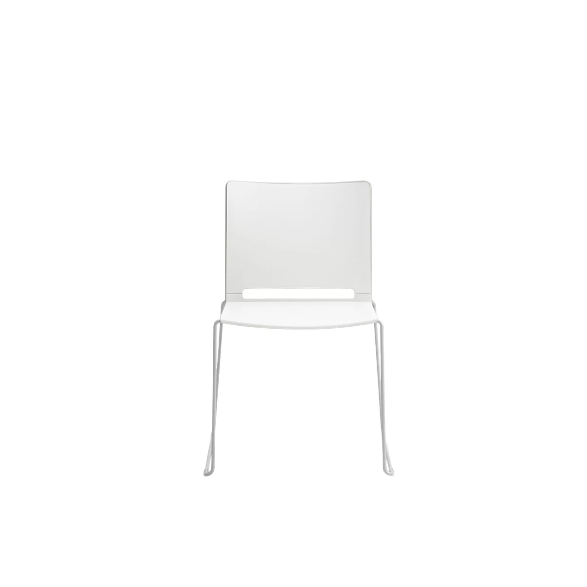White chair, front view, minimalist design, wire frame, backrest with opening.