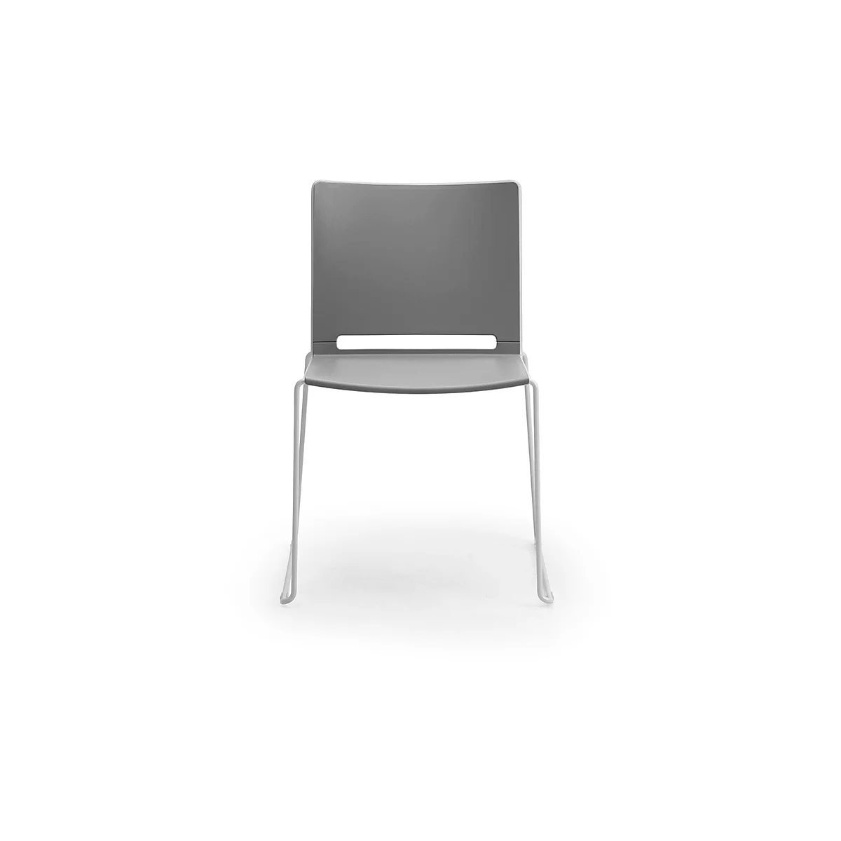 Grey chair with white legs. Backrest and seat are plastic, legs are metal.
