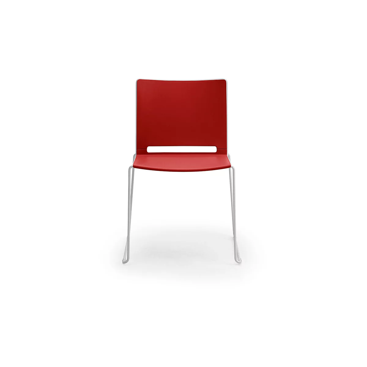 A red chair with white legs, isolated against a white background. The backrest has a rectangular cutout.