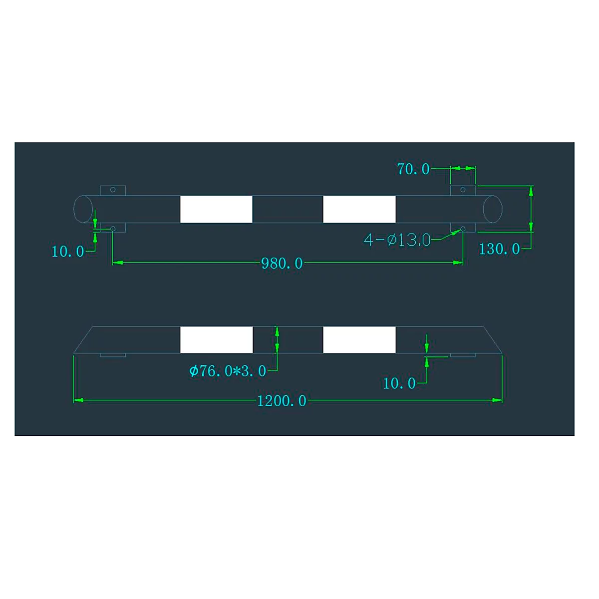 Technical drawing of a component. Top: Side view with dimensions. Bottom: Top view with dimensions. Text and lines in green, dark blue background.