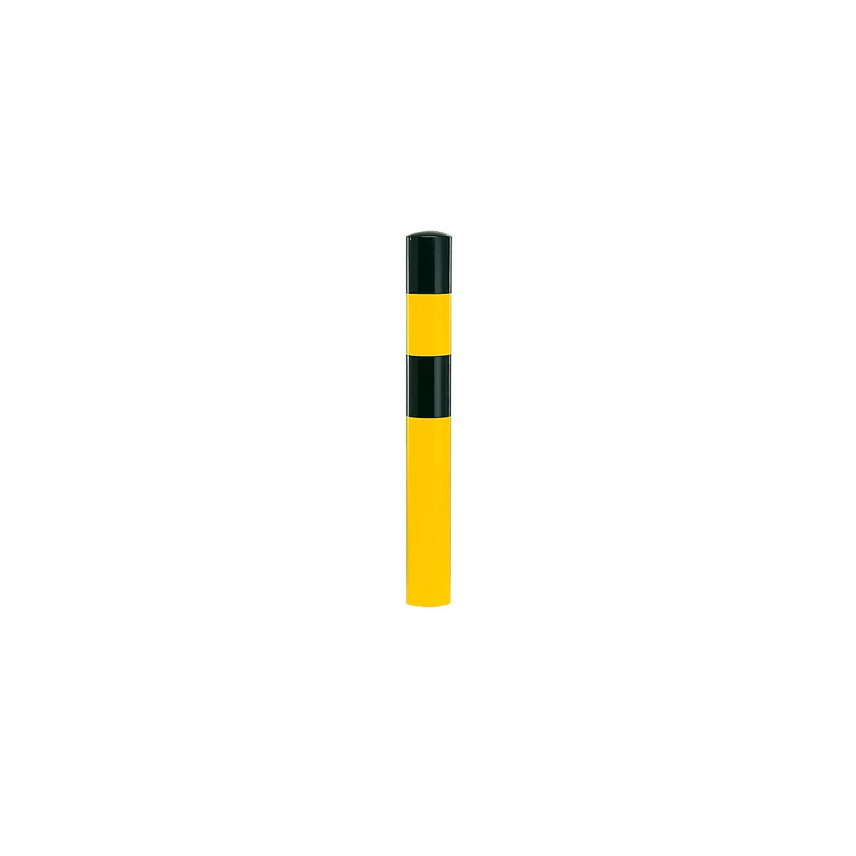 Yellow and black bollard against a white background. Black at the top and bottom, yellow and black in between.
