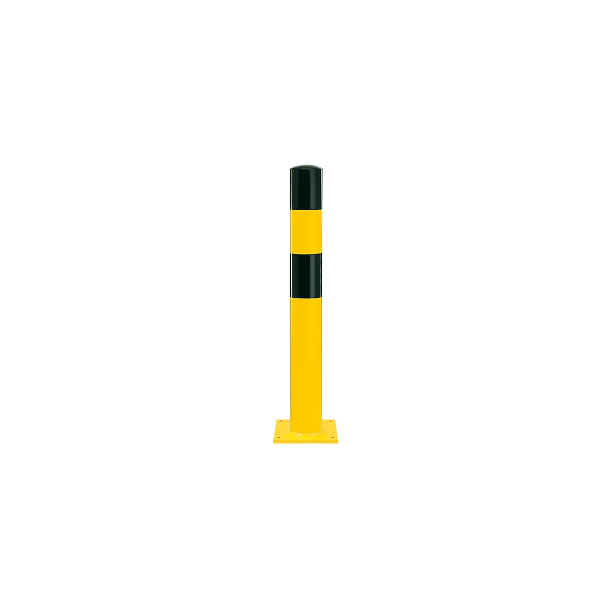 Yellow bollard with black stripes, against a white background.