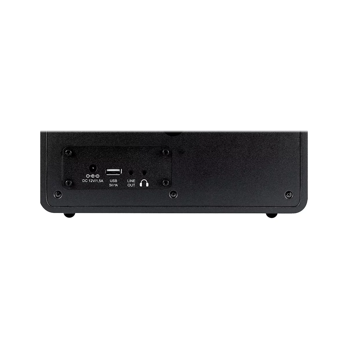 Schwarzes Audiogerät, Rückseite. Anschlüsse: DC, USB, Line Out, Kopfhörer. Schrauben.