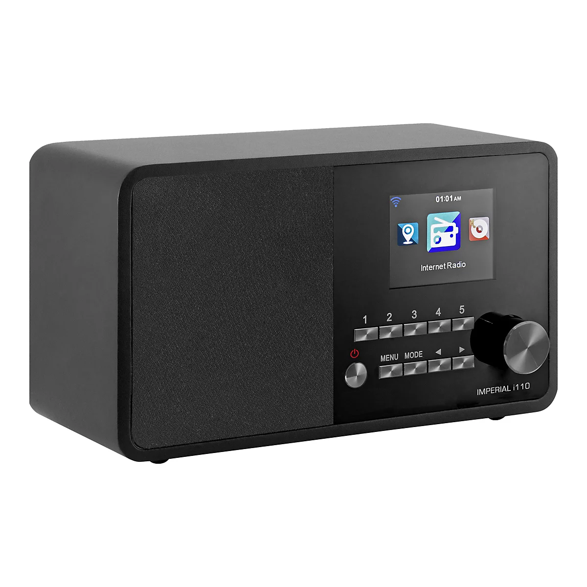 Schwarzes Internetradio mit Display, Bedientasten und Drehregler. Auf dem Display sind Icons für Internetradio zu sehen. Die Uhrzeit ist 01:01 AM.