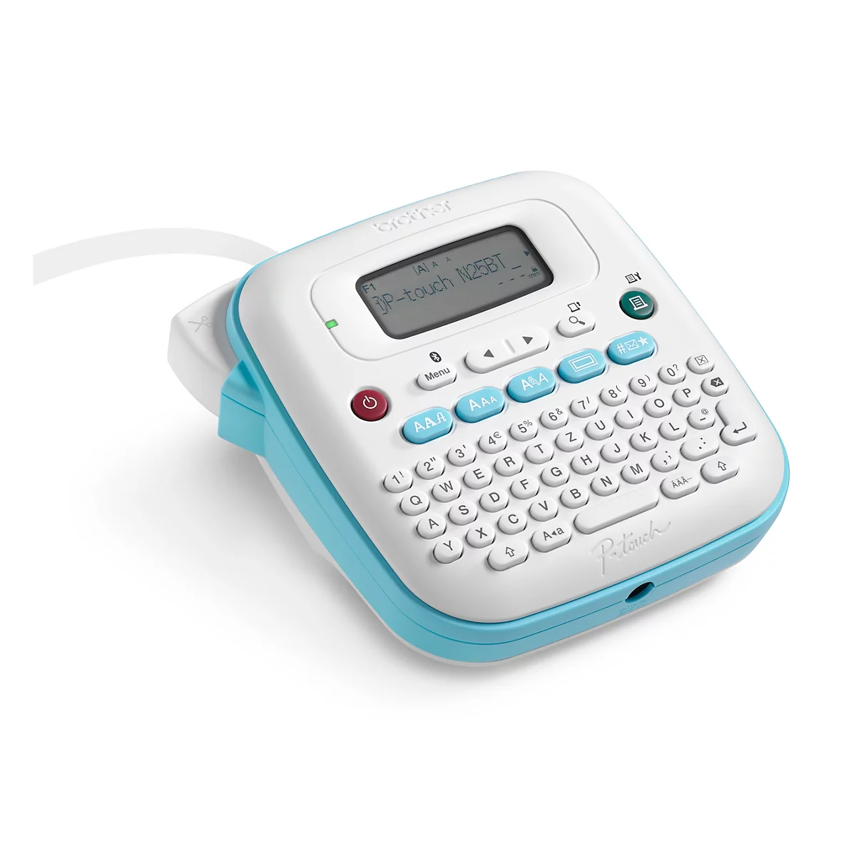 Une étiqueteuse blanche et bleue avec un clavier et un écran, avec le texte 'P-touch' et 'Brother'.