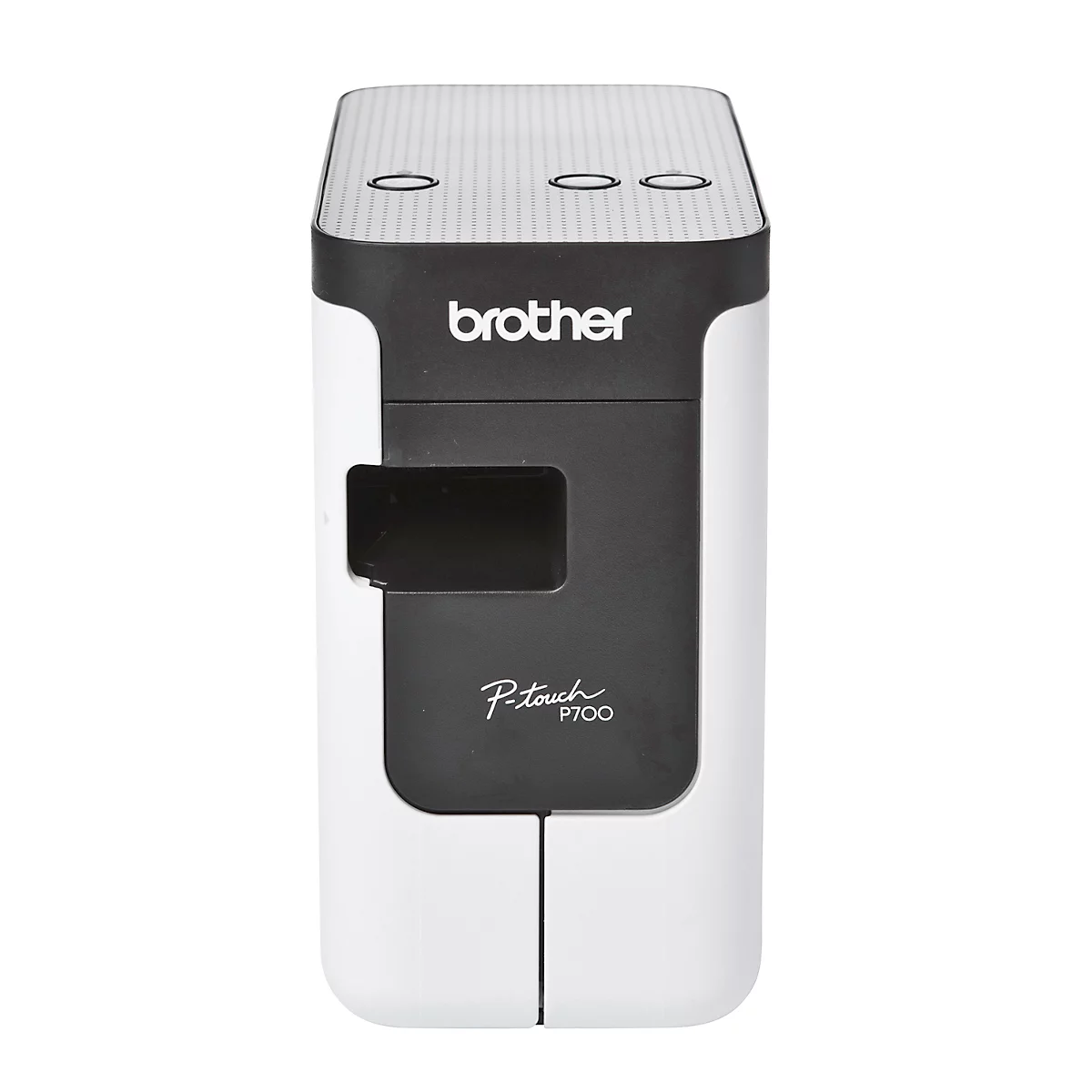 Imprimante d'étiquettes blanche et noire. Imprimé : "brother". L'appareil repose sur une surface blanche.