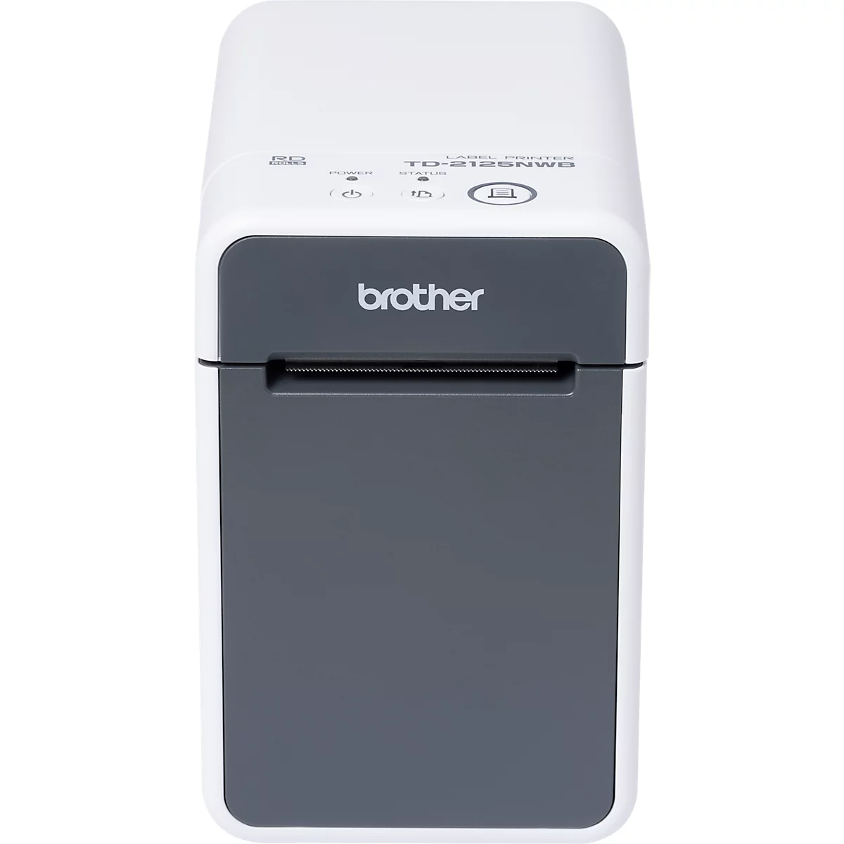 Imprimante d'étiquettes Brother, blanc-gris, avec logo de l'entreprise.