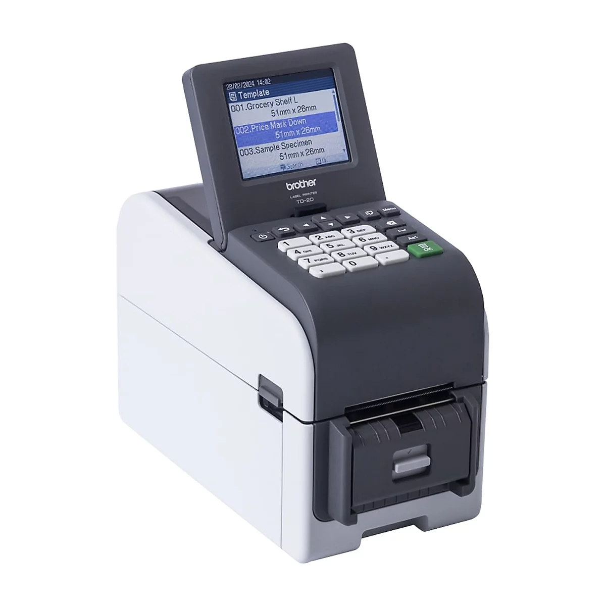 Imprimante d'étiquettes avec écran, clavier et entrée papier. Sur l'écran : "Ready", format du papier et symbole Bluetooth.