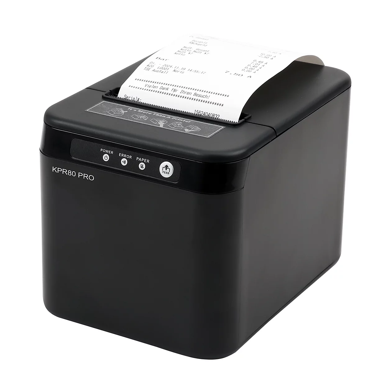 Imprimante de reçus noire avec papier imprimé. Sur le devant, on peut voir les inscriptions "KPR80 PRO", "Power", "Error" et "Paper".