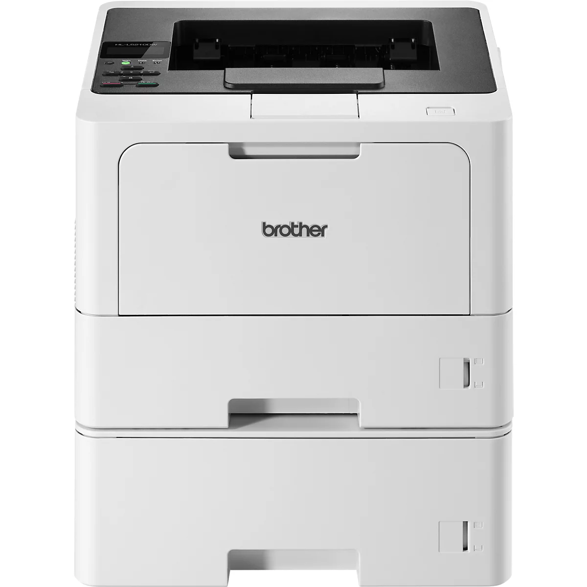 Une imprimante laser blanche Brother. Le nom de la marque est sur le devant. Il y a plusieurs bacs à papier en dessous.