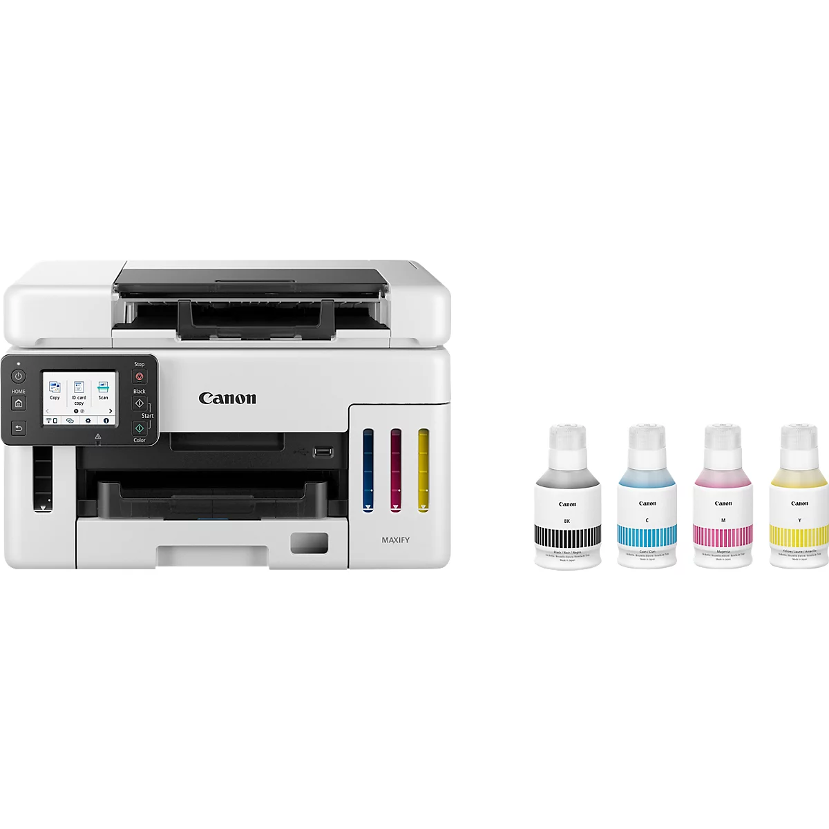 Imprimante multifonction jet d'encre Canon MAXIFY GX6550, 3-en-1, USB/WLAN, recto-verso automatique/impression mobile/cloud, jusqu'à A4, noir-blanc, bouteilles d'encre CMYK incluses