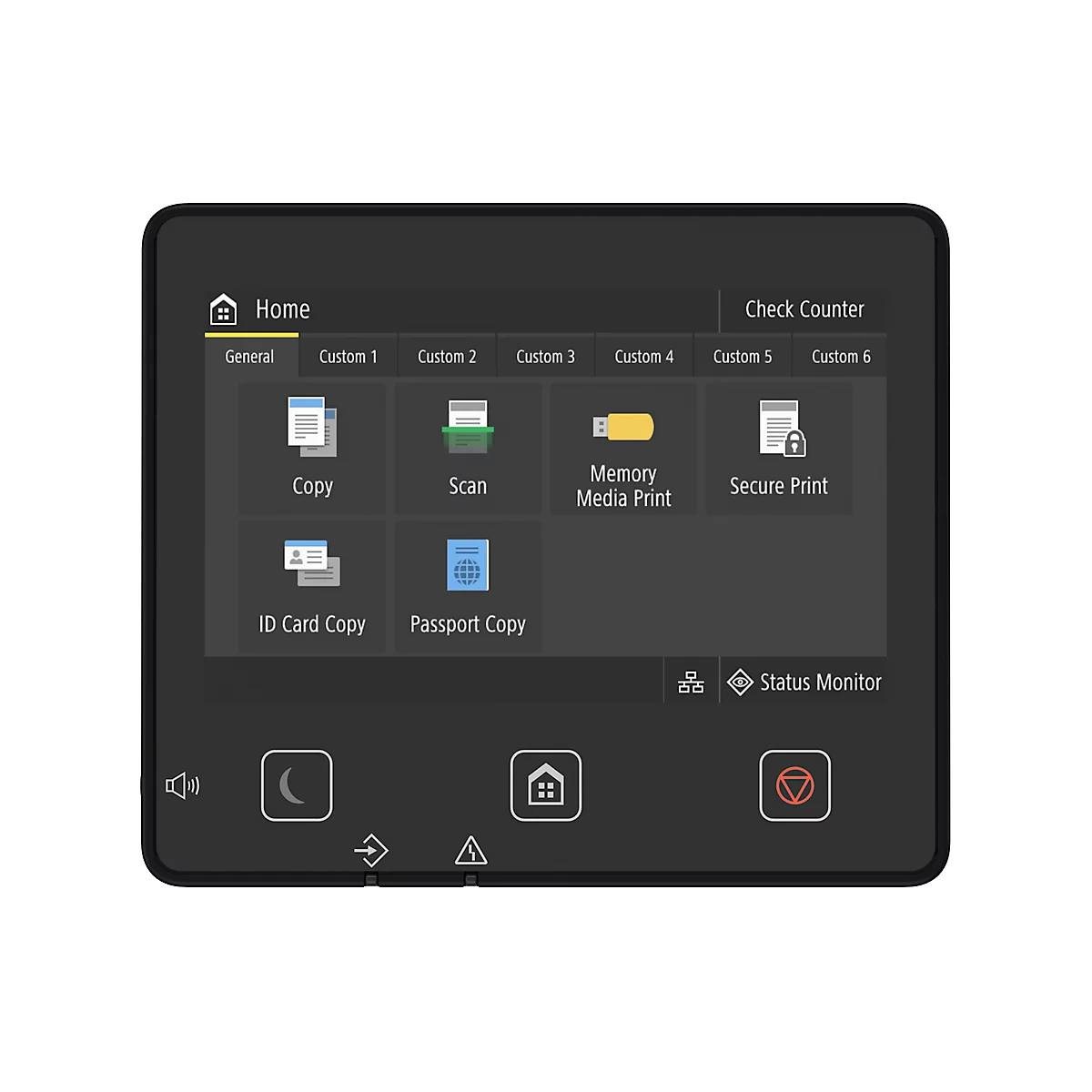 Écran tactile d'un appareil multifonction avec options de menu pour copier, numériser, enregistrer, imprimer en toute sécurité, etc.