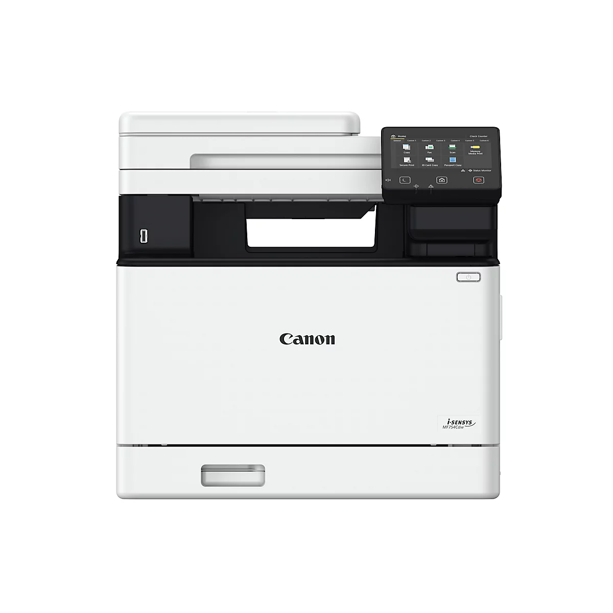 Imprimante multifonction Canon blanche. Panneau de commande noir avec écran tactile.