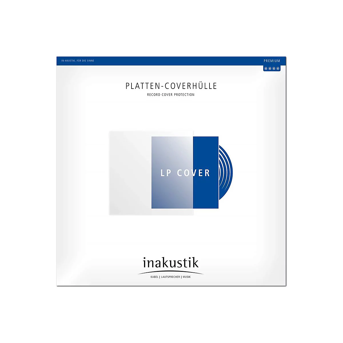 Produktverpackung für Inakustik Platten-Coverhüllen mit weißem Hintergrund und blauem Design.